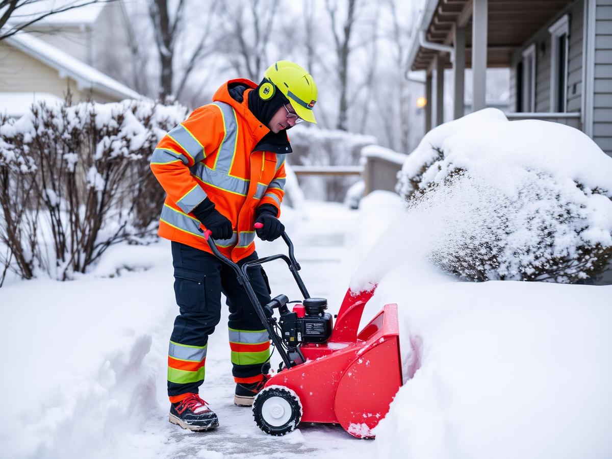Crew member in hi-visibility gear clearing a snowy walkway with a snowblower