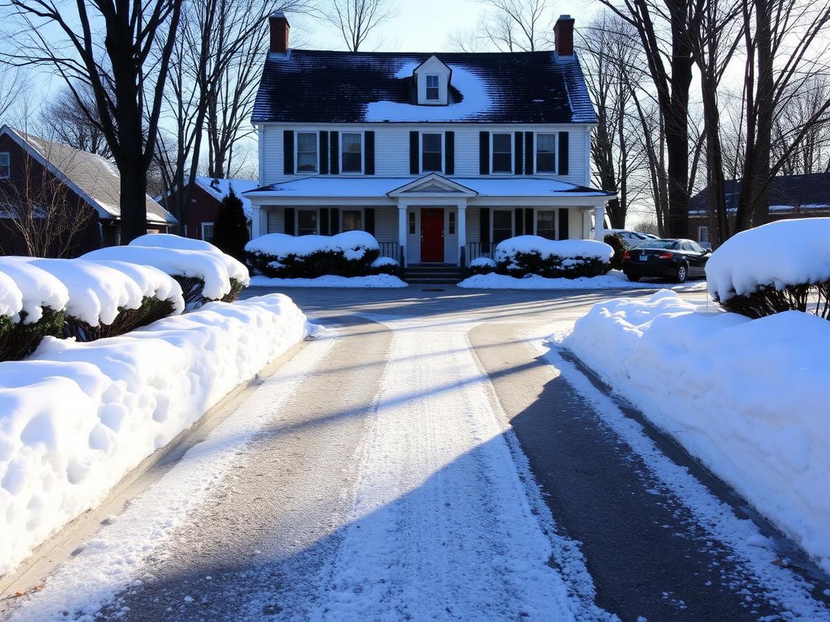 Cleared residential driveway and walkway at a New England colonial home